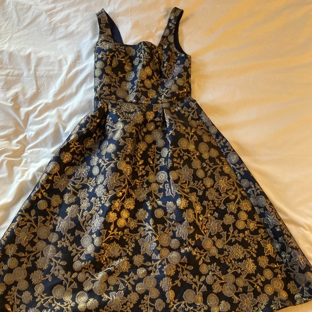 Francesca's Blue and Gold Brocade Dress, XS